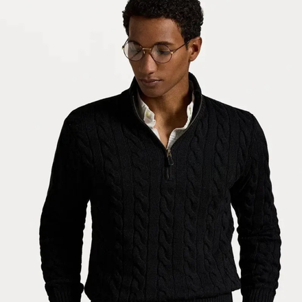 Zopfstrick - Baumwollpullover mit Viertelreißverschluss