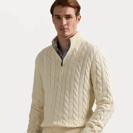 Zopfstrick - Baumwollpullover mit Viertelreißverschluss