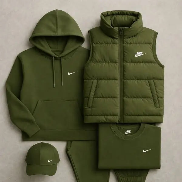 Complete Set – Sweatshirt, Pants, Puffer Jacket & T-shirt