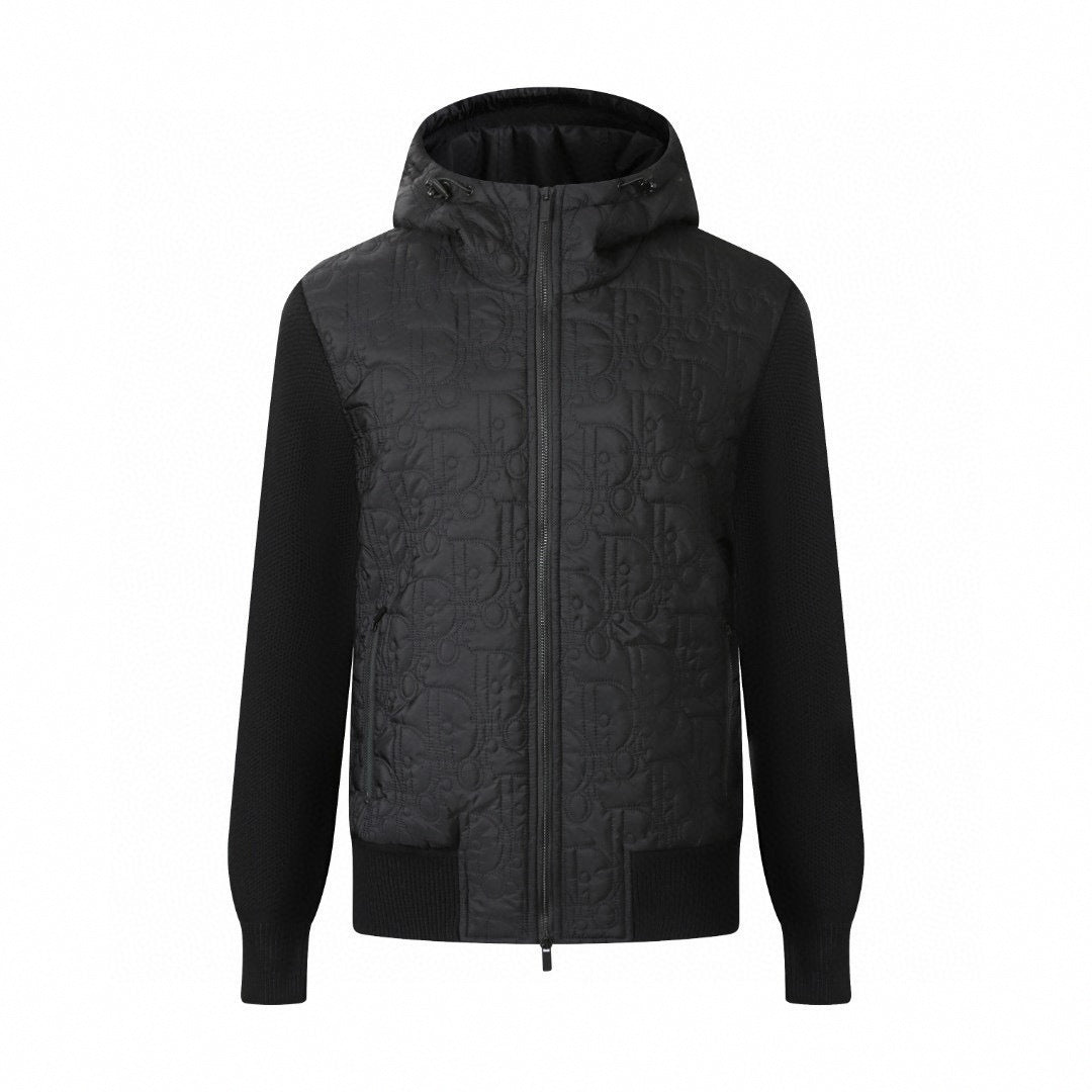 Black Quilted Wool Hooded Zip Jacket