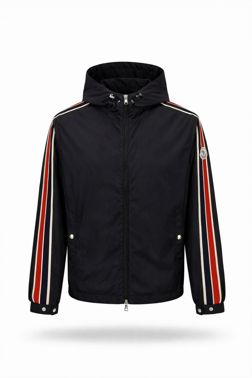Tricolour Stripe Hooded Jacket – Black